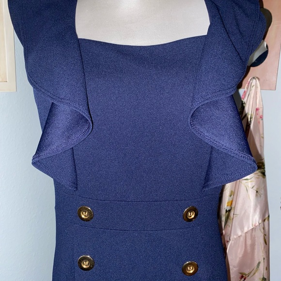 Navy Blue Ruffle Sleeve & Gold Button Dress - Picture 2 of 5